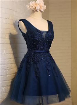 Picture of Pretty Navy Blue Knee Length Homecoming Dress, V-neckline Short Formal Dress